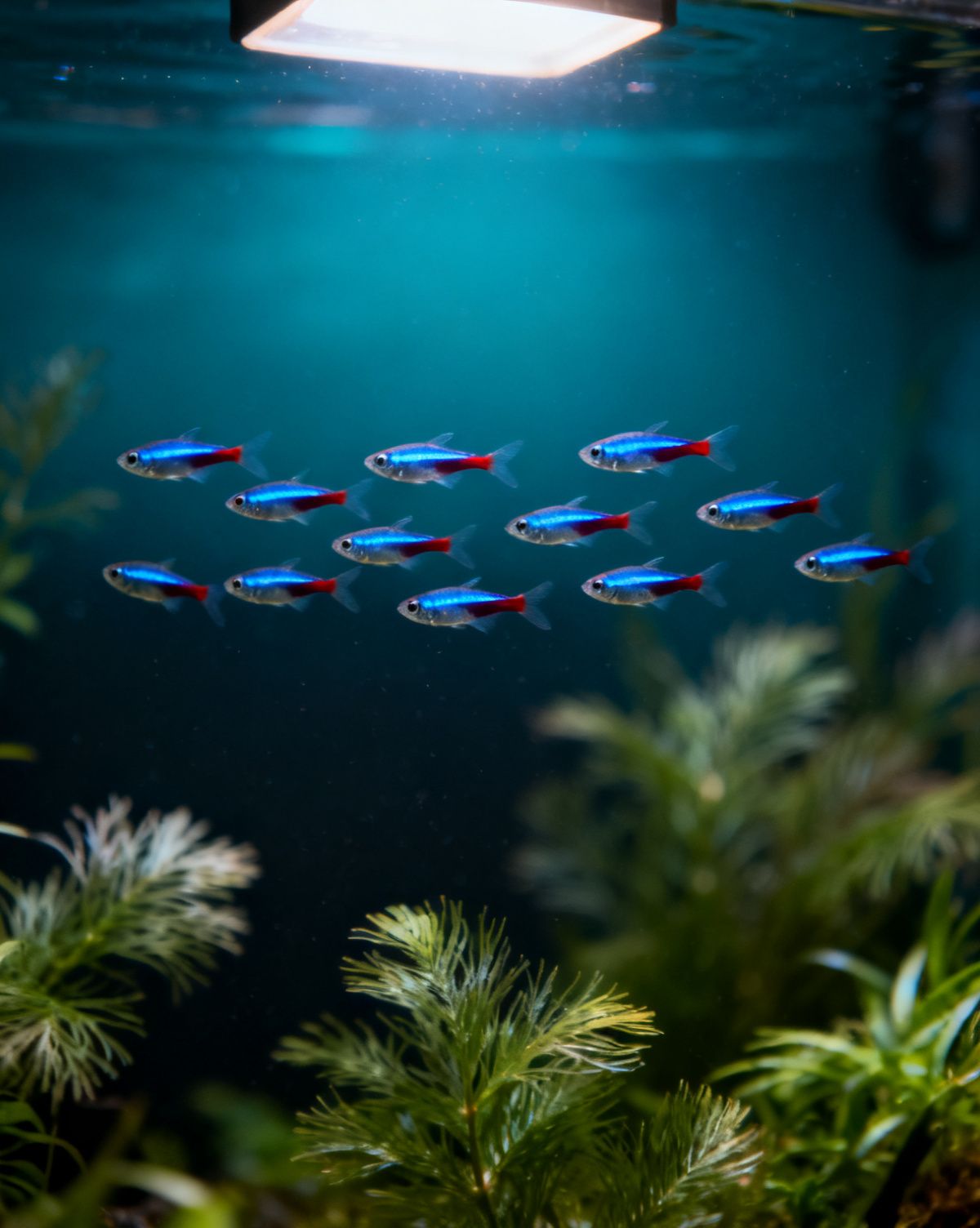 Schwarm Neonsalmler vor dunklem Hintergrund in einem bepflanzten Aquarium