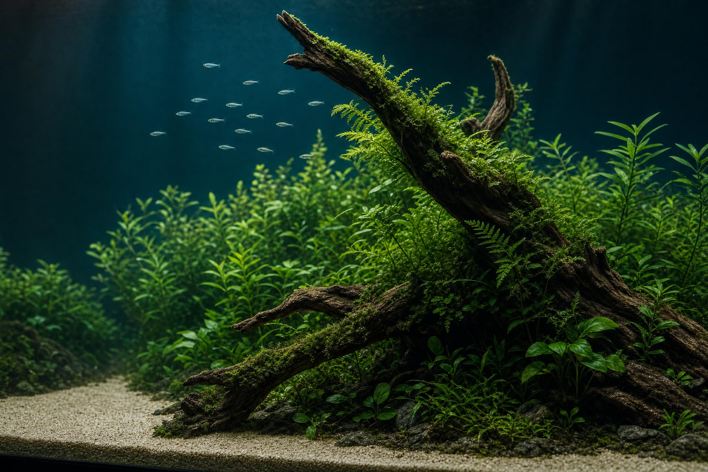 Dicht bepflanztes Süßwasseraquarium mit Wurzelholz und feinem Sandboden