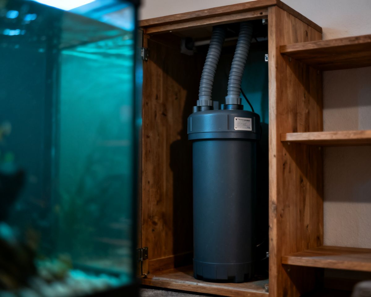 Außenfilter mit Schläuchen in einem Aquarienunterschrank