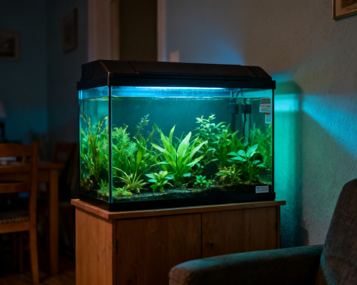 Aquarium-Komplettset mit Abdeckung auf einem Unterschrank