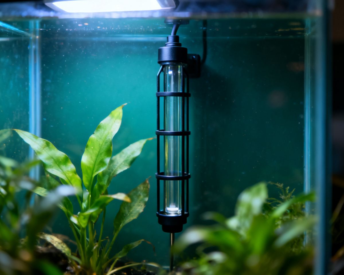 Regelheizer mit Temperaturskala an der Rückwand eines Aquariums